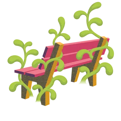 Illustration einer von Pflanzen umrankten roten Sitzbank, die der Aussicht zugewandt steht. Das Bild symbolisiert die sichere Vorsorge für Versicherte bei Abendrot.